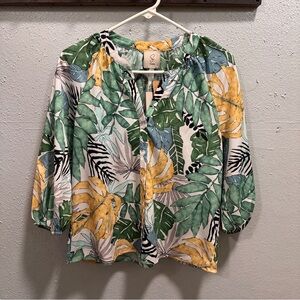 Sioni Botanical Green and Yellow‎ 3/4 Sleeve Tie Front Blouse